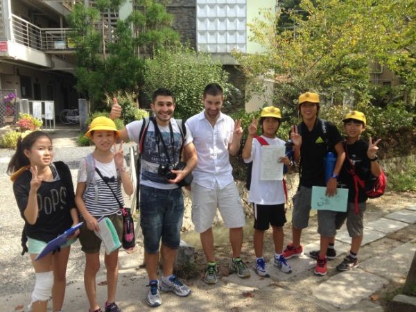 Being interviewed by local school children Kyoto