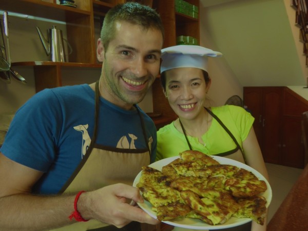 Sebastien with freshly made Vietnamese savoury pancakes: Banh Xeo