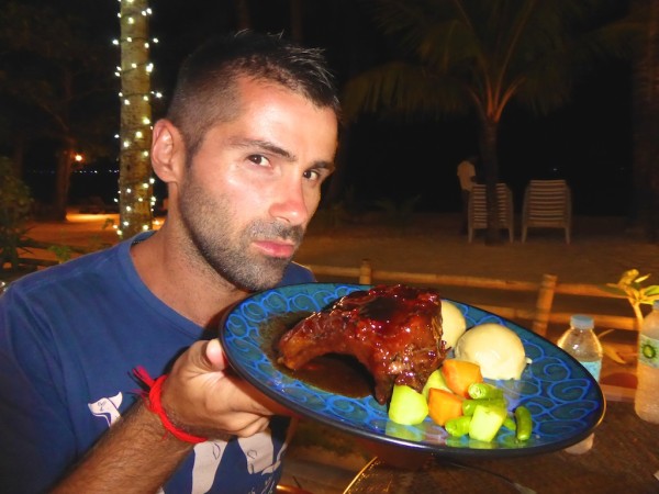 Celebrating Sebastien's birthday meal enjoying the delicious ribs at the 357 Boracay restaurant by the beach