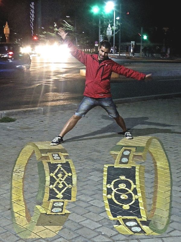 Sebastien posing on a 3D pavement graffiti in Ulan Bator