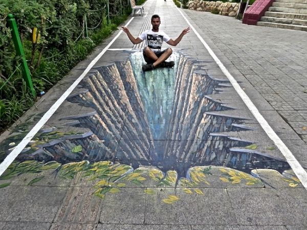 Sebastien feeling zen on a 3D pavement graffiti in Ulan Bator
