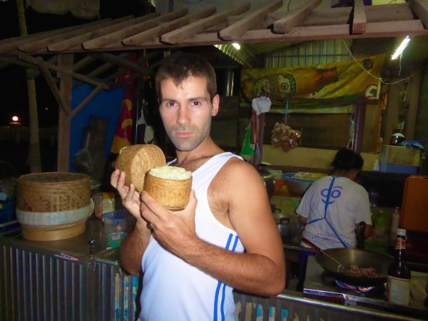 Seb modelling a freshly made bamboo basket of sticky rice in Vientiane Seb modelling a freshly made bamboo basket of sticky rice in Vientiane