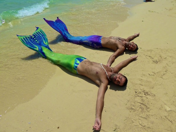 Relaxing in the sun after mermaid swimming class