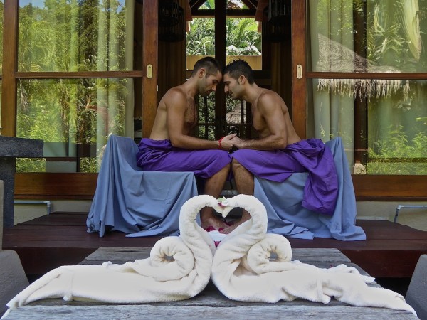 Gay couple travelling in Asia Langkawi island Malaysia