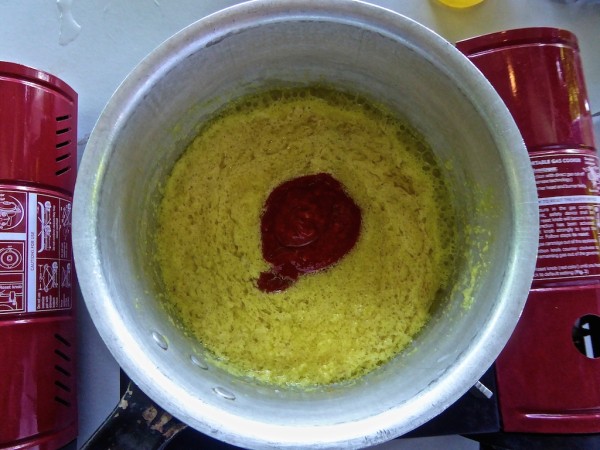 Chilli paste added to the otak otak mixture Chilli paste added to the otak otak mixture