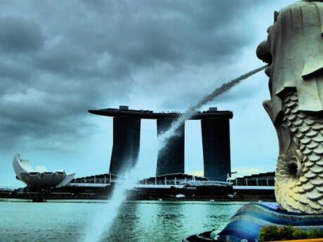 View of Marina Bay Sands Merlion and lotus AirScience museum