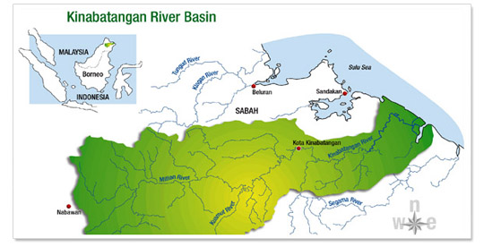 Map of Borneo and Kinabatanagan River