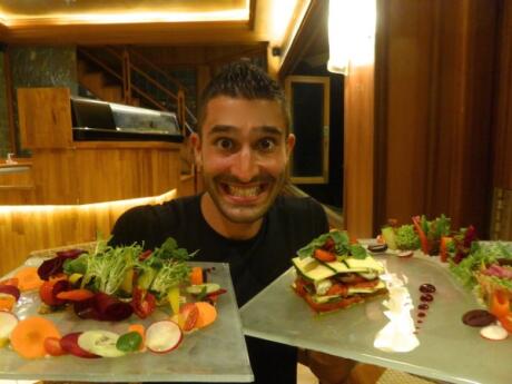 Stefan with vegan food at Fresh restaurant in Ubud, central Bali