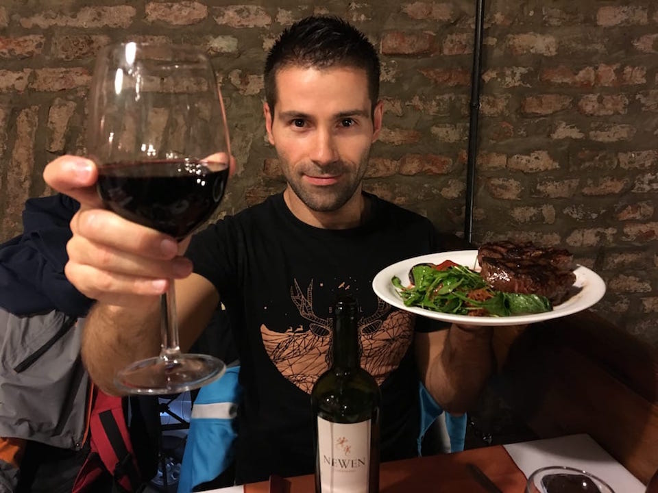 seb-with-steak-and-malbec Argentinian steak with chimi churri sauce and Malbec