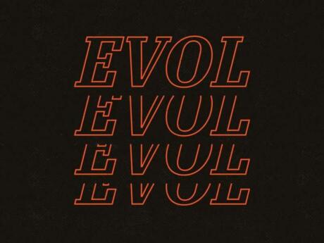 The word Evol in red letters on a black background, overlapping four times.