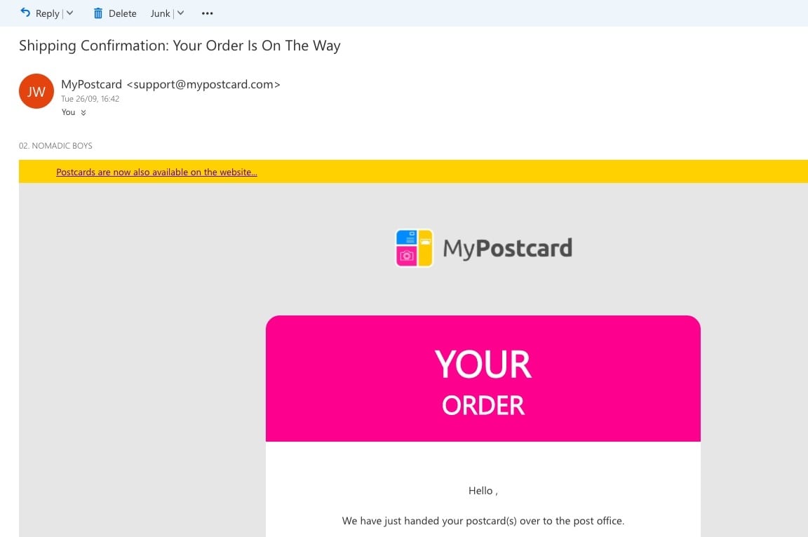 sending postcards online email confirmation 