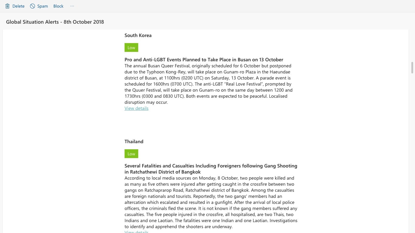 Screenshot of one of the CloseCircle Global Situation daily alert emails