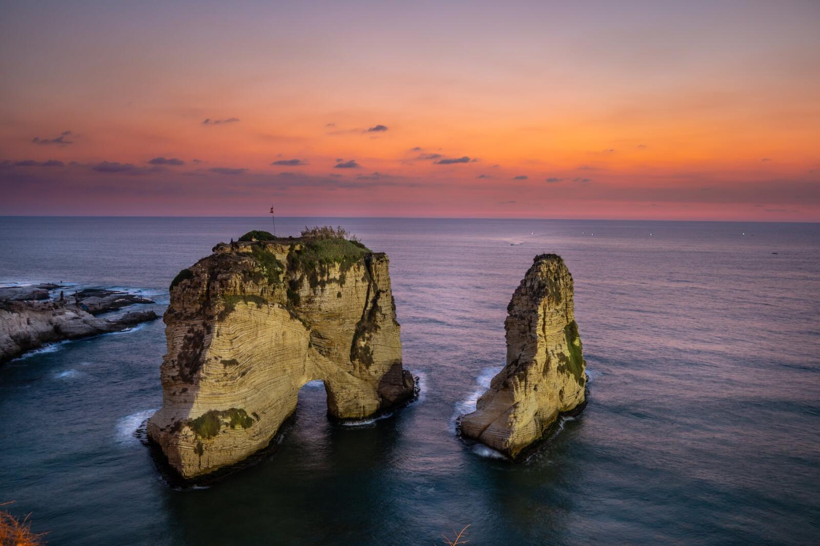 Pigeon Rocks in the Raouche neighbourhhood of downtown Beirut at sunset