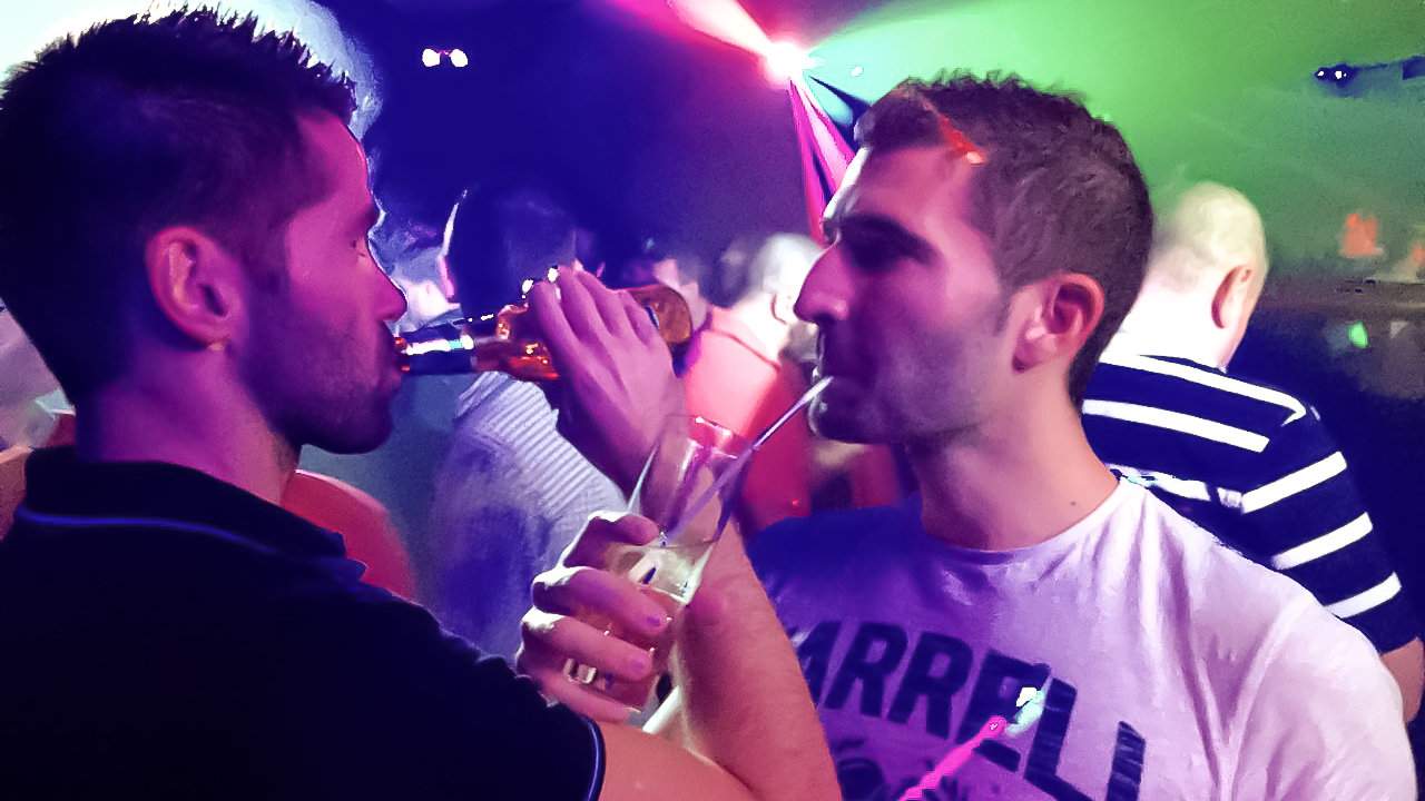 Gay couple in Theatron gay club in Bogota