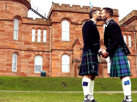Renting some kilts and frolicking in the grounds of Inverness Castle is a very fun thing for gay travellers to the Scottish Highlands to do!