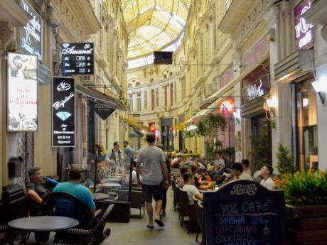 The cool covered passageway of Pasajul Macca Vilacrosse is filled with great cafes and restaurants