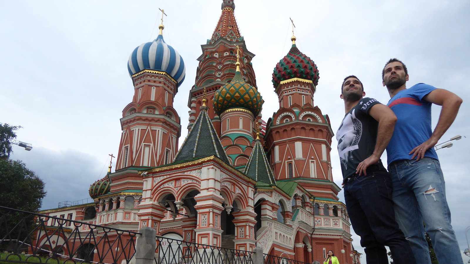 Gay couple posing in Red Square Moscow