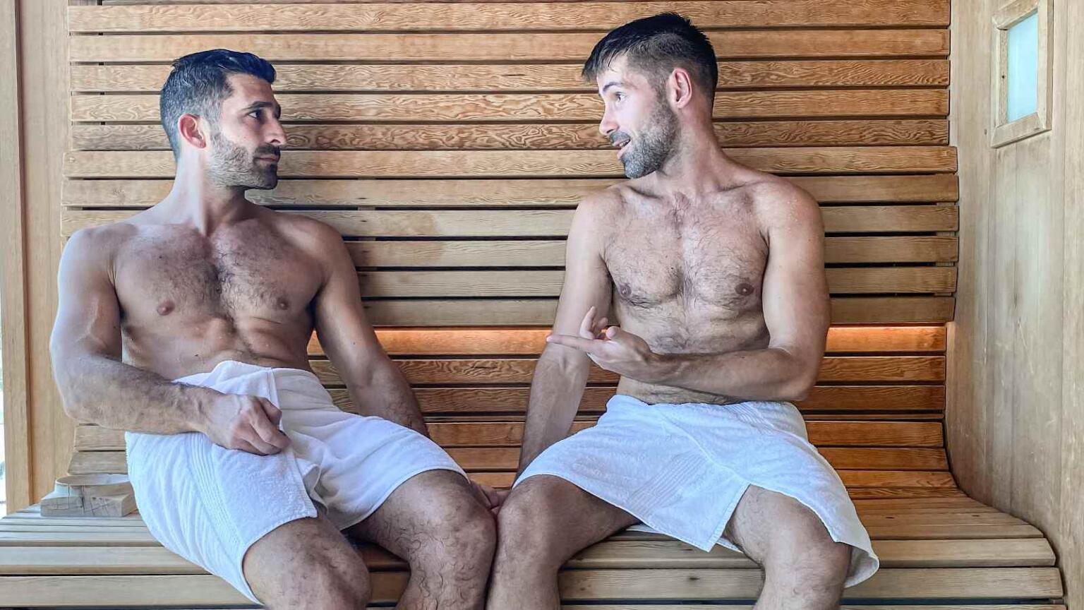 Nomadic Boys chilling in a gay sauna in Manchester. 