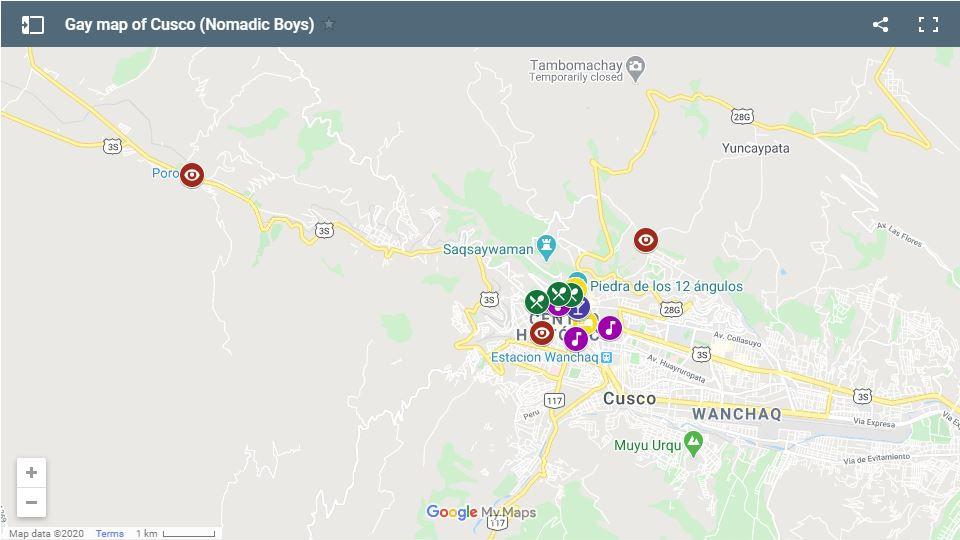 Aqui está o nosso mapa gay de Cusco mostrando onde estão localizados todos os lugares que mencionamos em nosso guia gay de Cusco