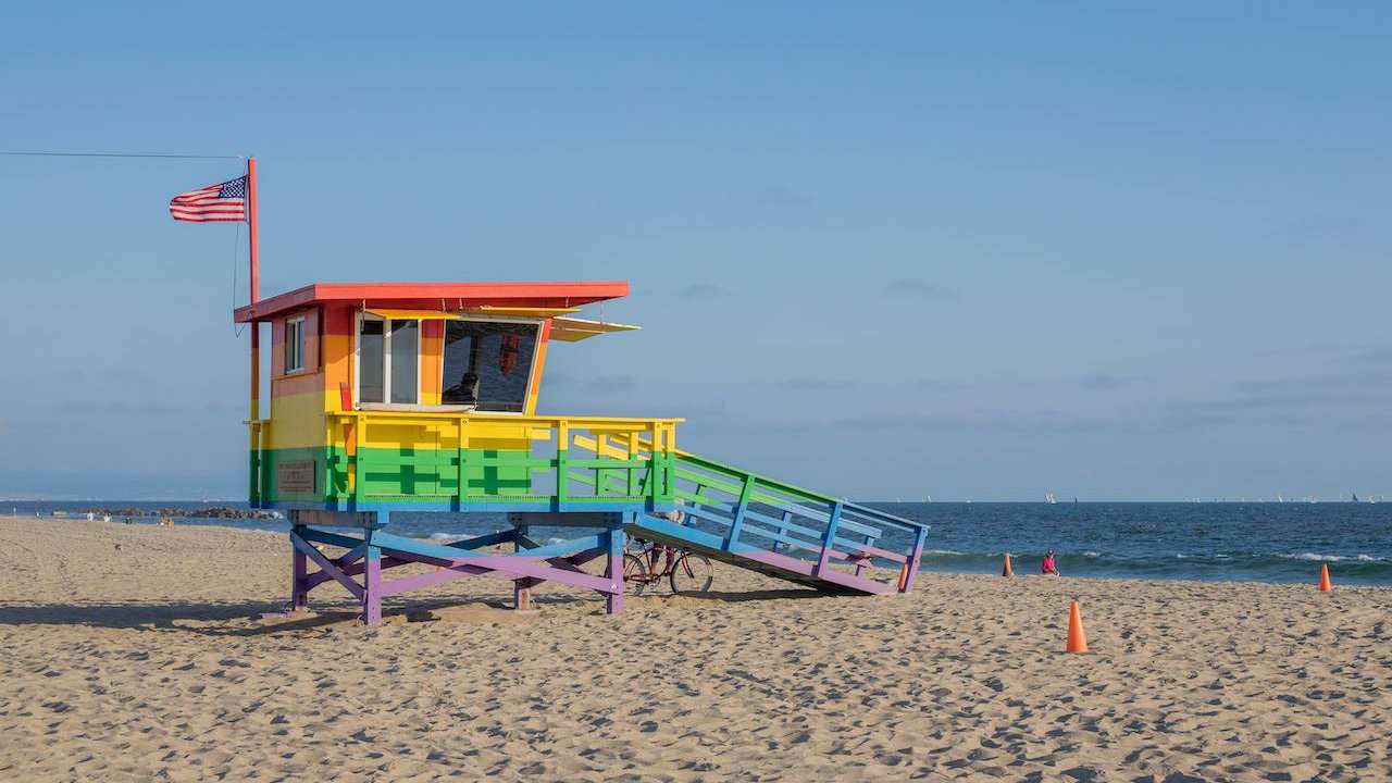 Will Rogers State beach is the original "Baywatch" beach, and so gay even the lifeguard huts are rainbow coloured