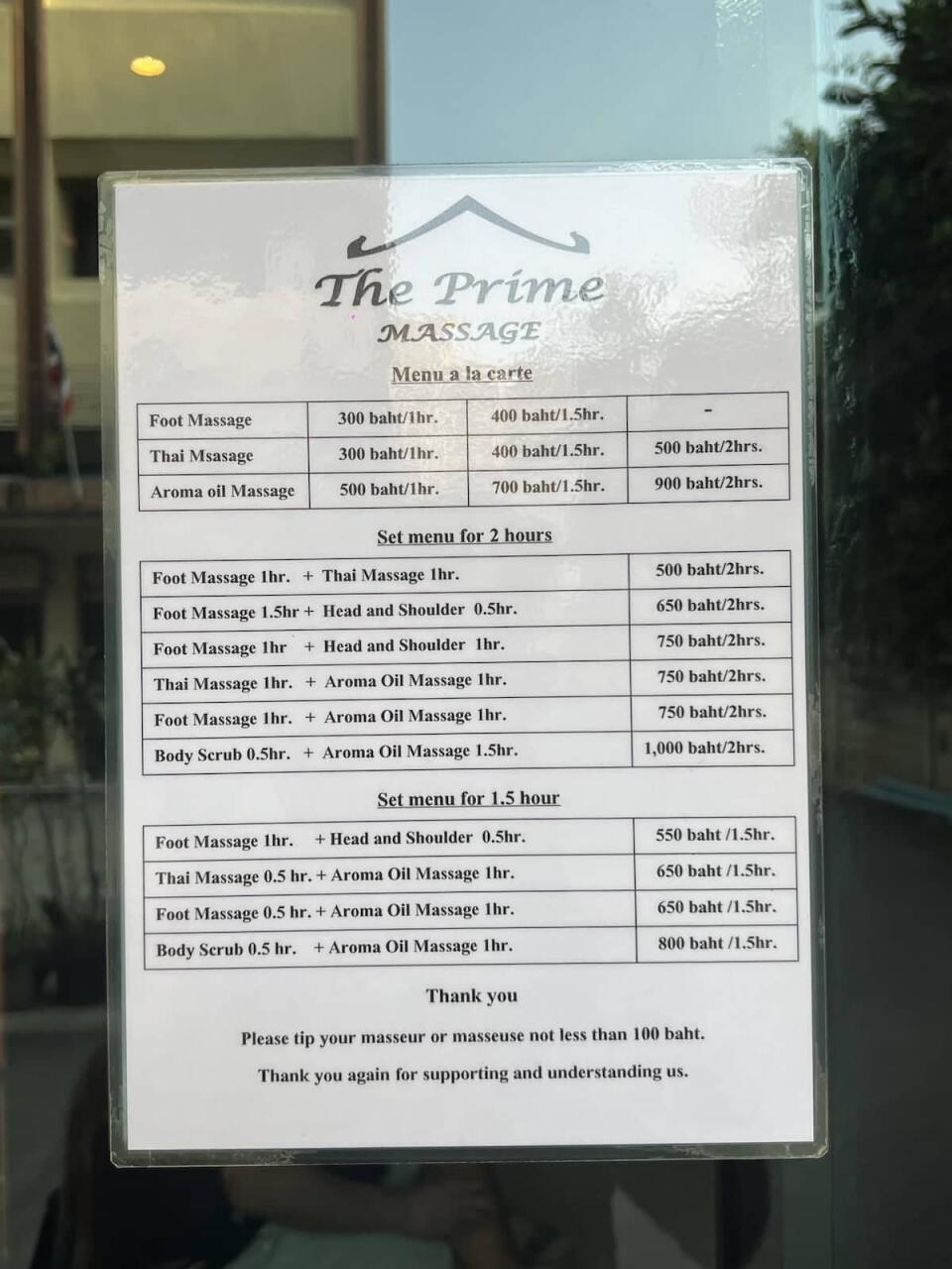 The Prime gay massage parlor's menu of prices.