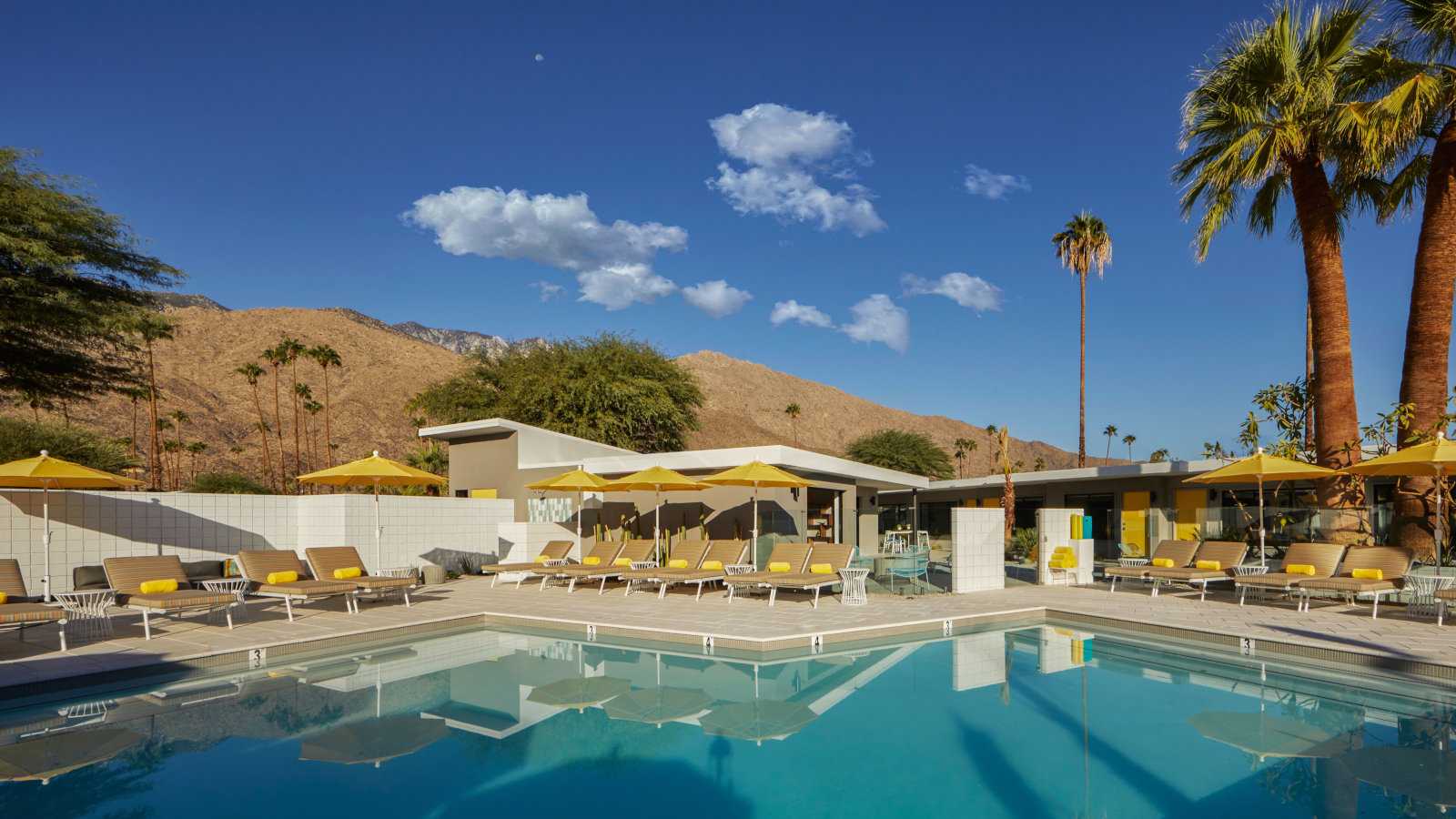 The classy pool area at the Twin Palms Resort in Palm Springs, on a beautiful sunny day.