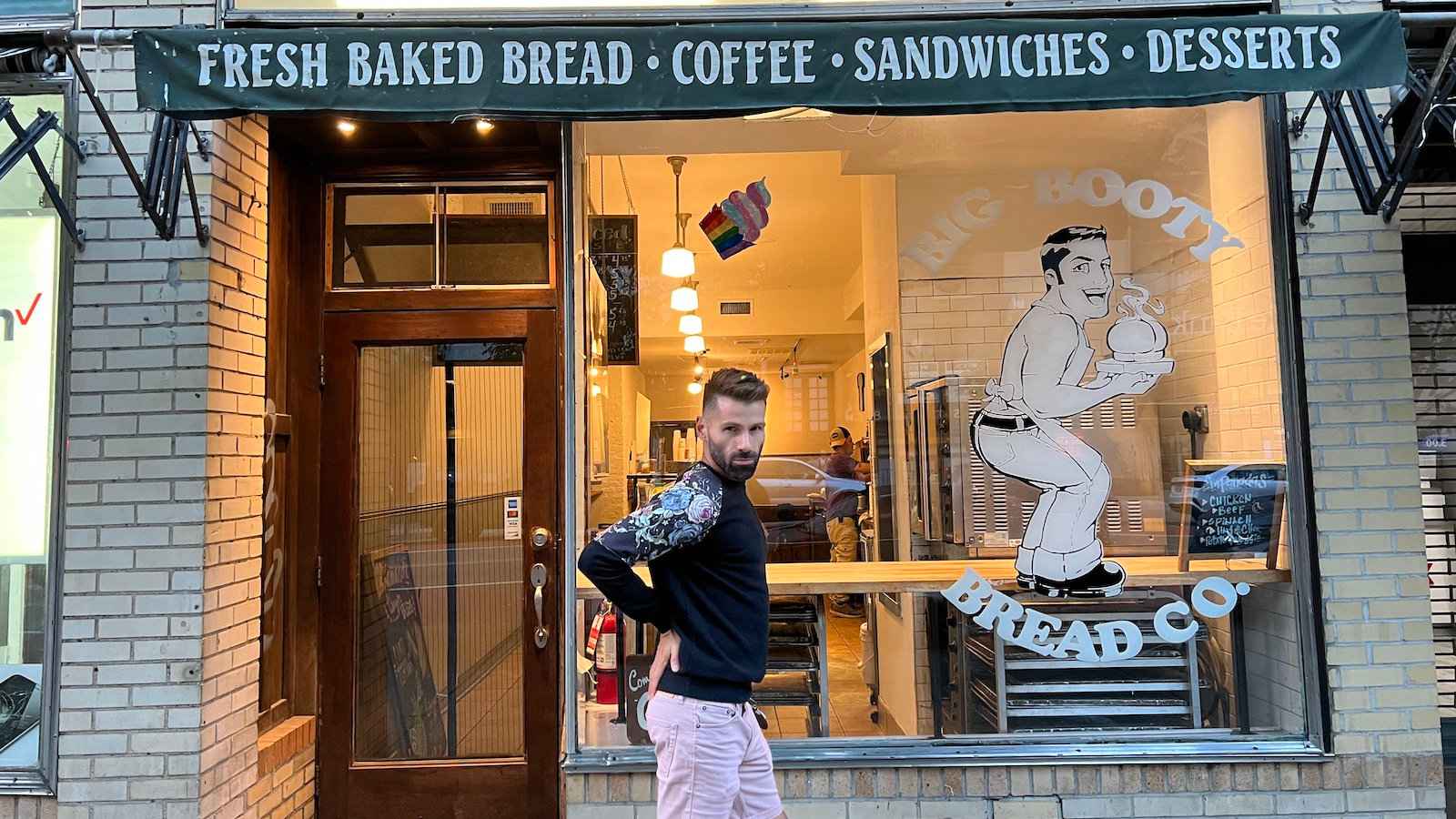 Seby showing off his own booty (and Blue Steel) outside the Big Booty Bread Co. in New York City.