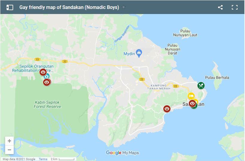 Use this gay friendly map of Sandakan to plan your own trip to this part of Sabah in Malaysia