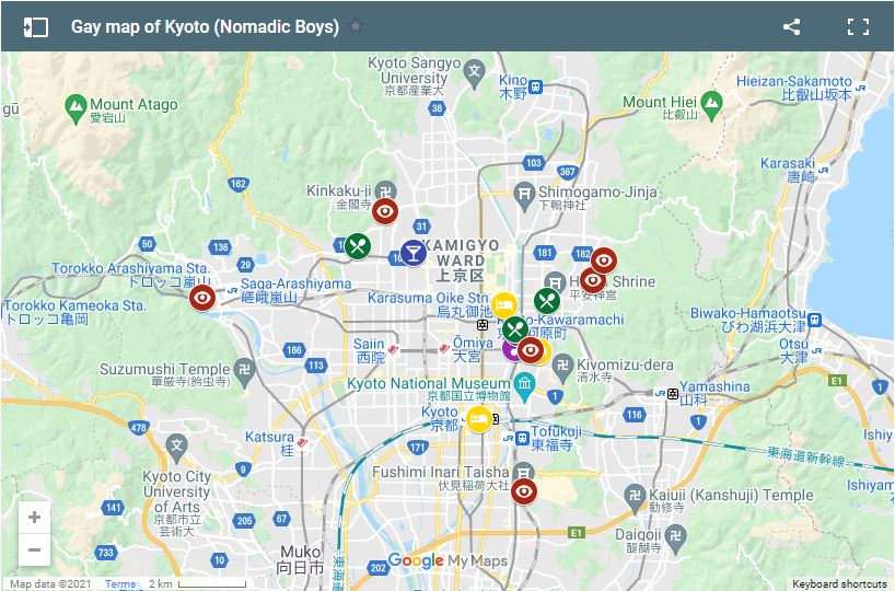 Use our gay map of Kyoto to plan your own visit
