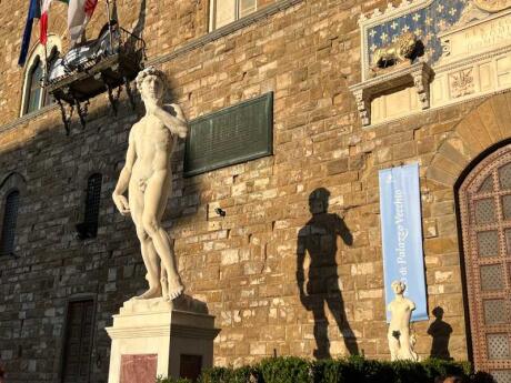 The famous naked man statue of David (replica) standing outside a brick building with the sun casting a silhouette behind the statue on the wall.