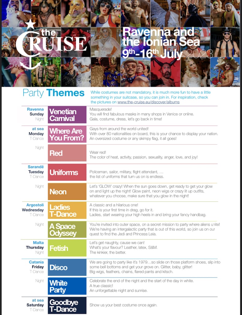 The daily themed parties on La Demence gay cruise.