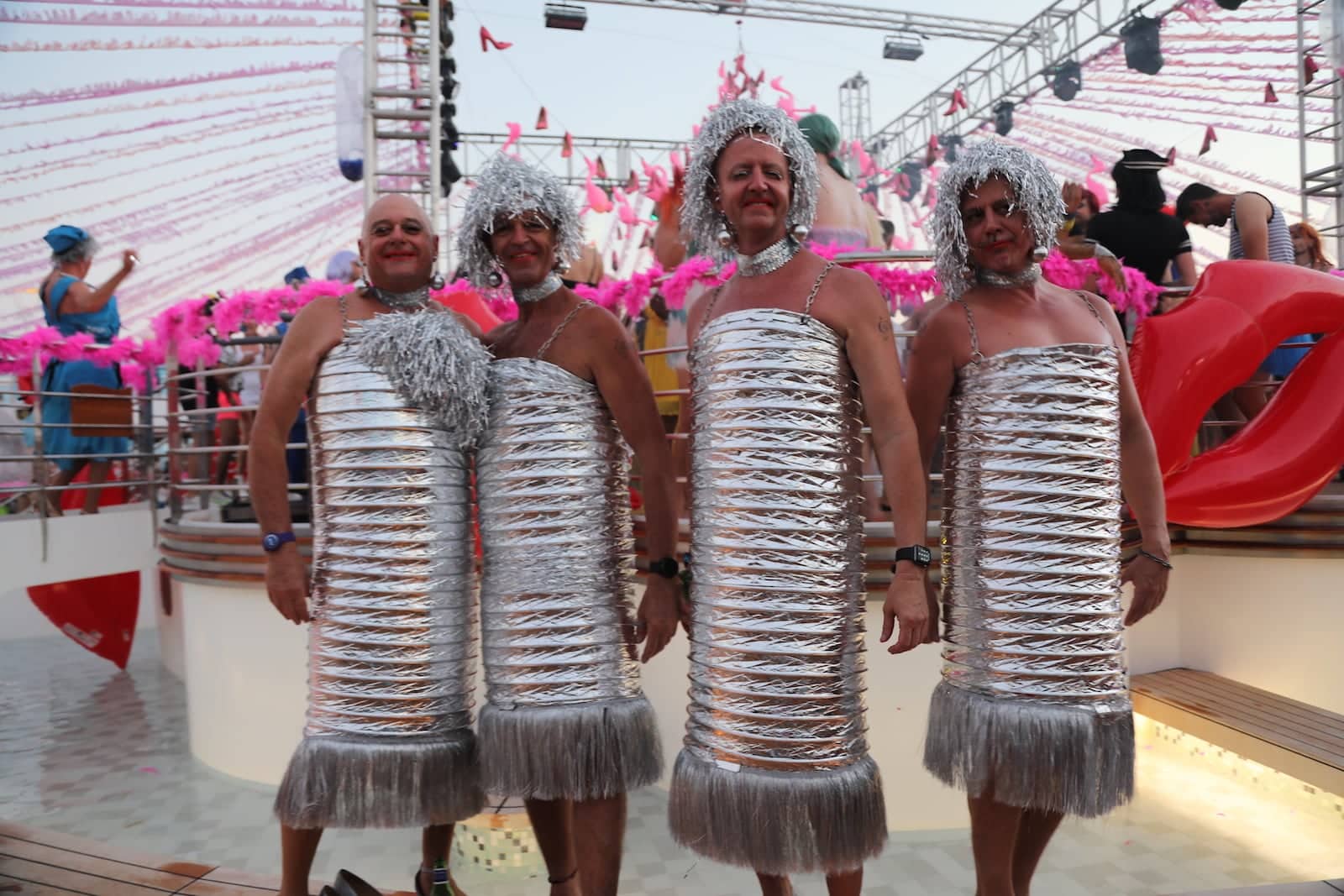 Outfits from the Ladies T-Dance themed party on the La Demence gay cruise.