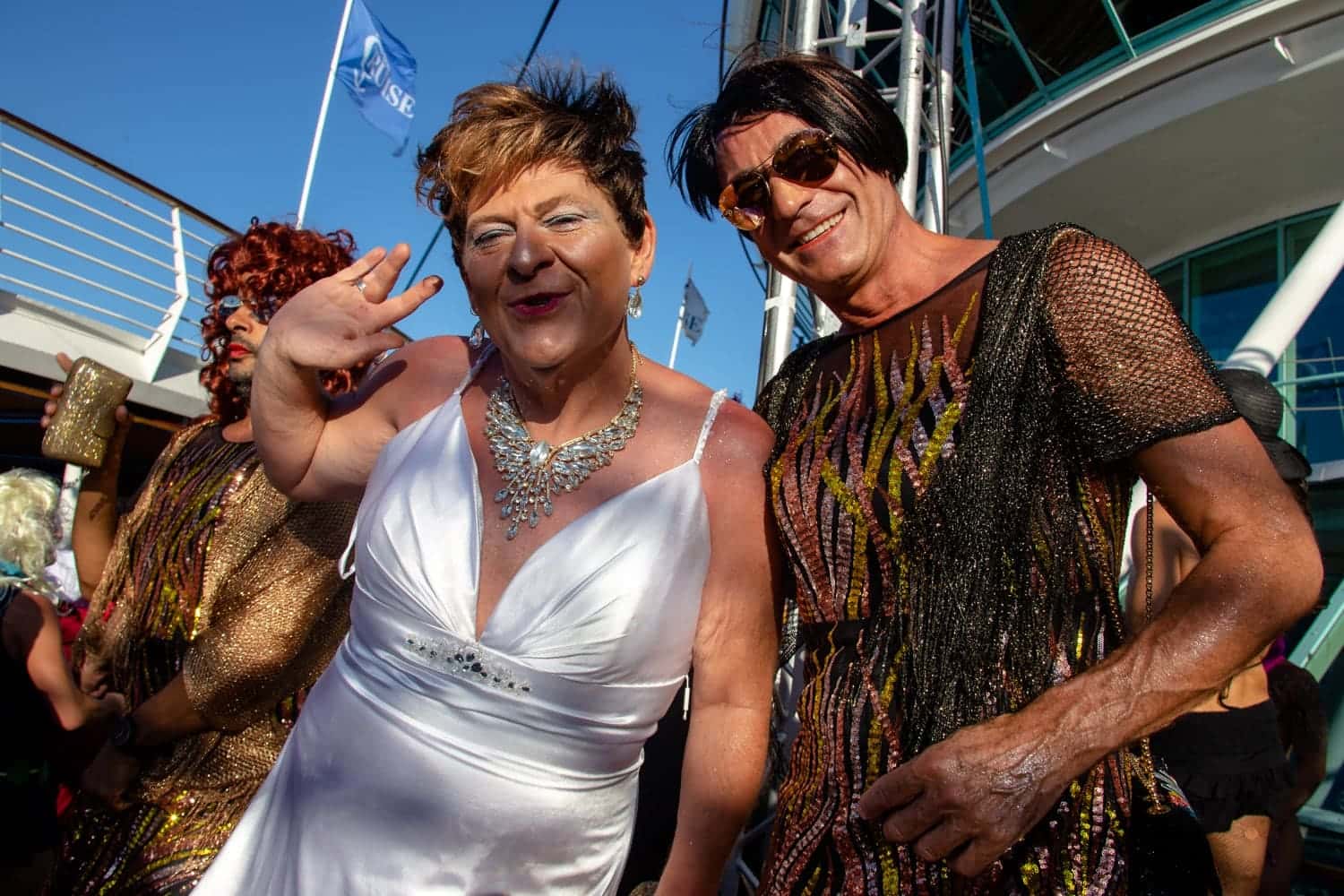 Men in drag on La Demence gay cruise ship