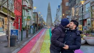 Gay couple kissing in Reykjavic in Iceland