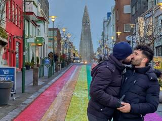 Gay couple kissing in Reykjavic in Iceland