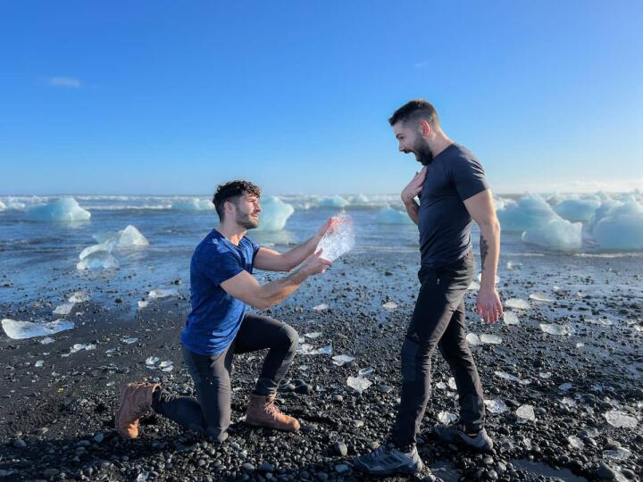Nomadic Boys, gay couple Stefan and Sebastien proposing at the famous Diamond Beach in iceland
