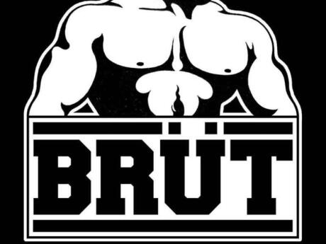 Logo of BRÜT club with muscle man in the background, a fun monthly gay party popular with London bears.