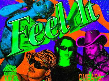 Feel banner with two men and one woman wearing cool glasses! It is a fun queer party that takes place every Friday in London.