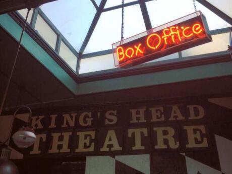 Box Office sign at The King's Head Theatre, an old-fashioned pub theater that's also showcases queer work