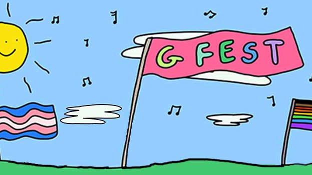 Cartoon banner of GFEST with the sun and the LGBTQ flags and blue sky.