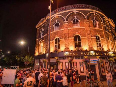View of the The Royal Vauxhall Tavern at night, one of the oldest and most iconic gay theaters in London.