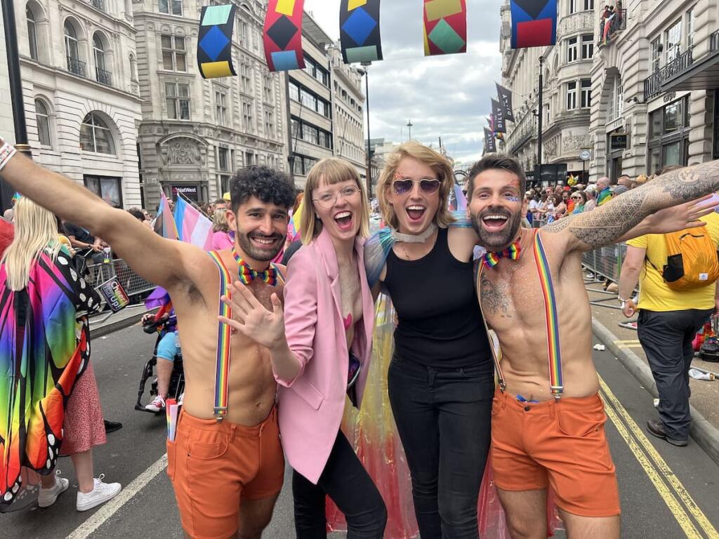 Lesbian and gay couple unite at the London gay Pride parade.