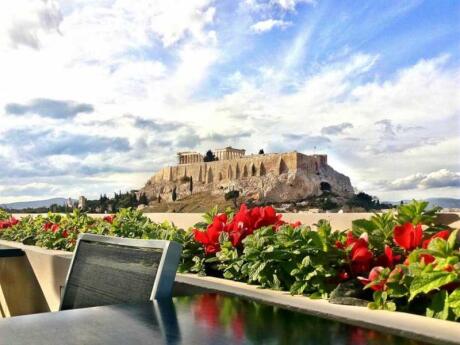 The stunning view of the Acropolis from a table at the Athens Gate Hotel rooftop restaurant.