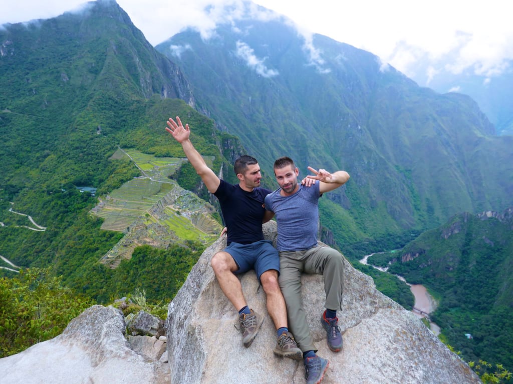 Gay couple on Huayna Picchu at Machu Picchu in Peru.