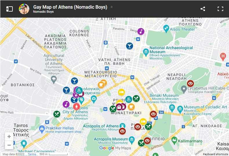 A map of Athens with different attractions marked in different colors.