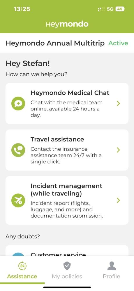 Heymondo app chat options screenshot.