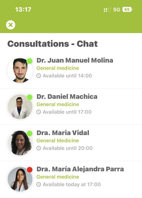 Heymondo list of live doctors screenshot from the app.