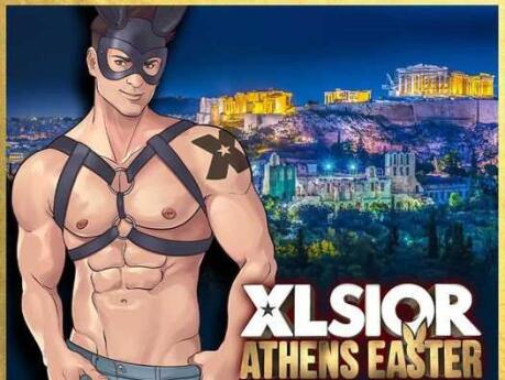 A cartoon of a man in harness and bunny mask in front of the Acropolis lit up at night and the words Xlsior Athens Easter.