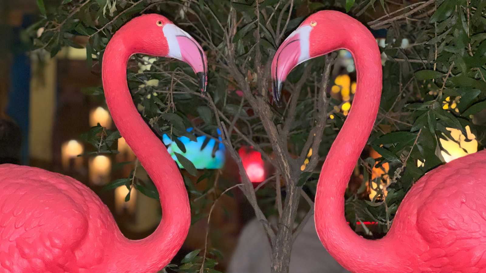 Two plastic pink flamingos facing each other in front of a plant.