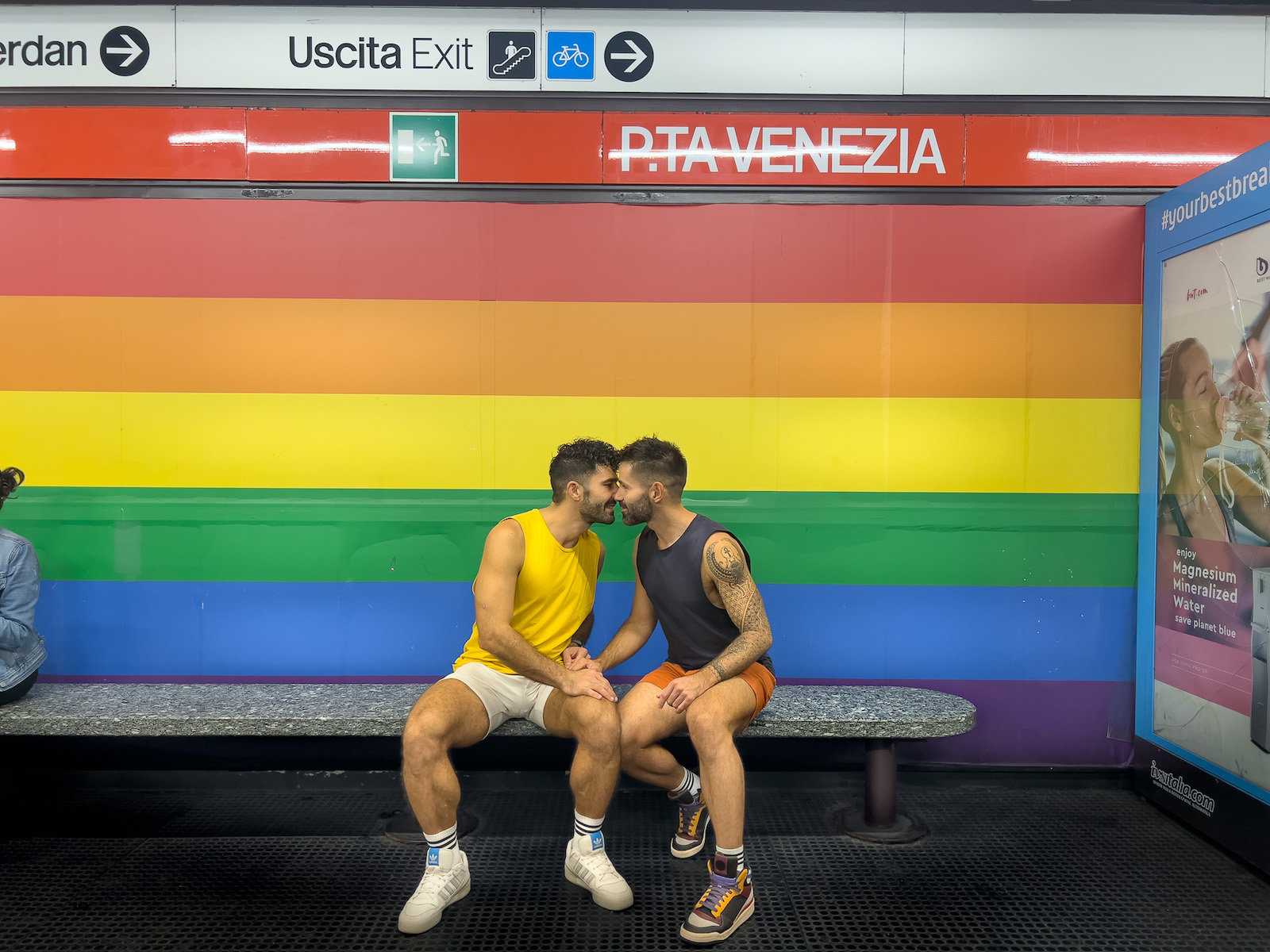 Stef and Seby kissing at the gay metro stop of Milan.